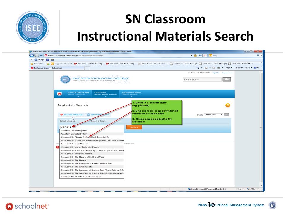 Idaho Instructional Management System SN Classroom Instructional Materials Search 15