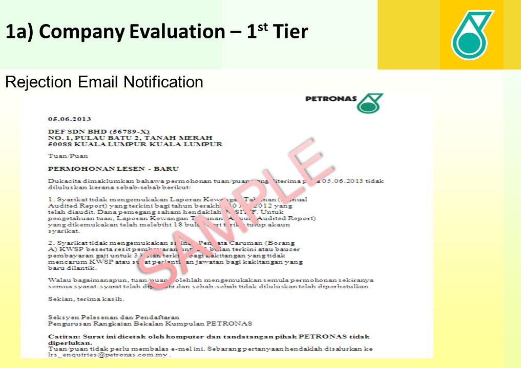 1a) Company Evaluation – 1 st Tier Rejection  Notification