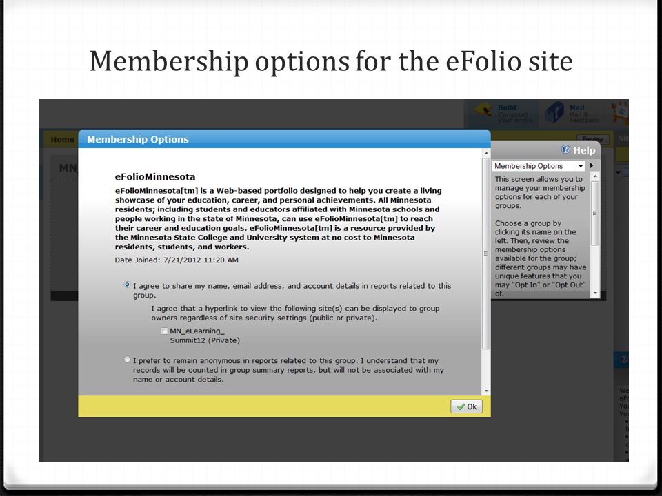 Membership options for the eFolio site