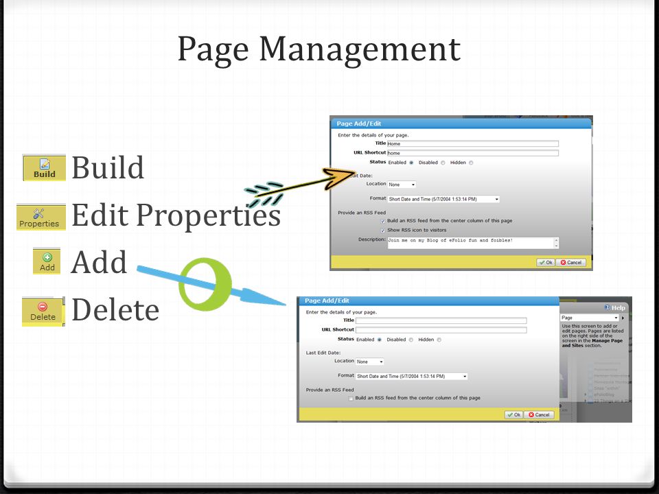 Page Management 0 Build 0 Edit Properties 0 Add 0 Delete