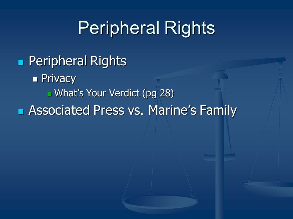 Peripheral Rights Peripheral Rights Peripheral Rights Privacy Privacy What’s Your Verdict (pg 28) What’s Your Verdict (pg 28) Associated Press vs.