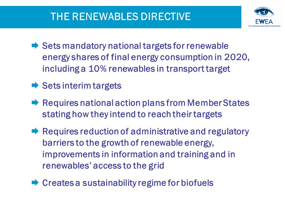 THE RENEWABLES DIRECTIVE  Sets mandatory national targets for renewable energy shares of final energy consumption in 2020, including a 10% renewables in transport target  Sets interim targets  Requires national action plans from Member States stating how they intend to reach their targets  Requires reduction of administrative and regulatory barriers to the growth of renewable energy, improvements in information and training and in renewables’ access to the grid  Creates a sustainability regime for biofuels