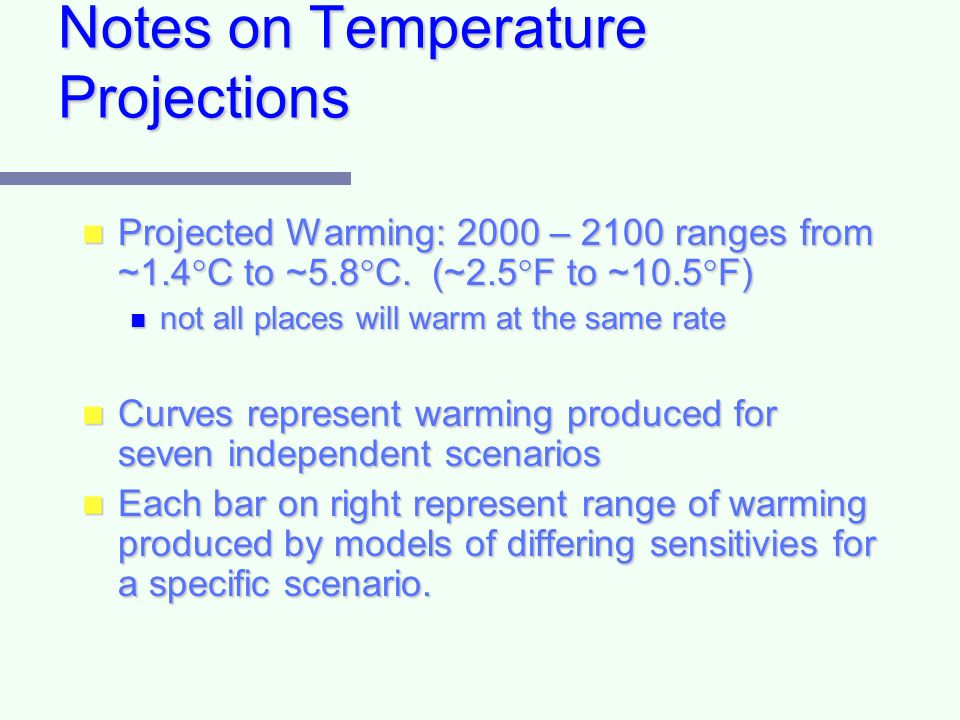 Notes on Temperature Projections Projected Warming: 2000 – 2100 ranges from ~1.4°C to ~5.8°C.