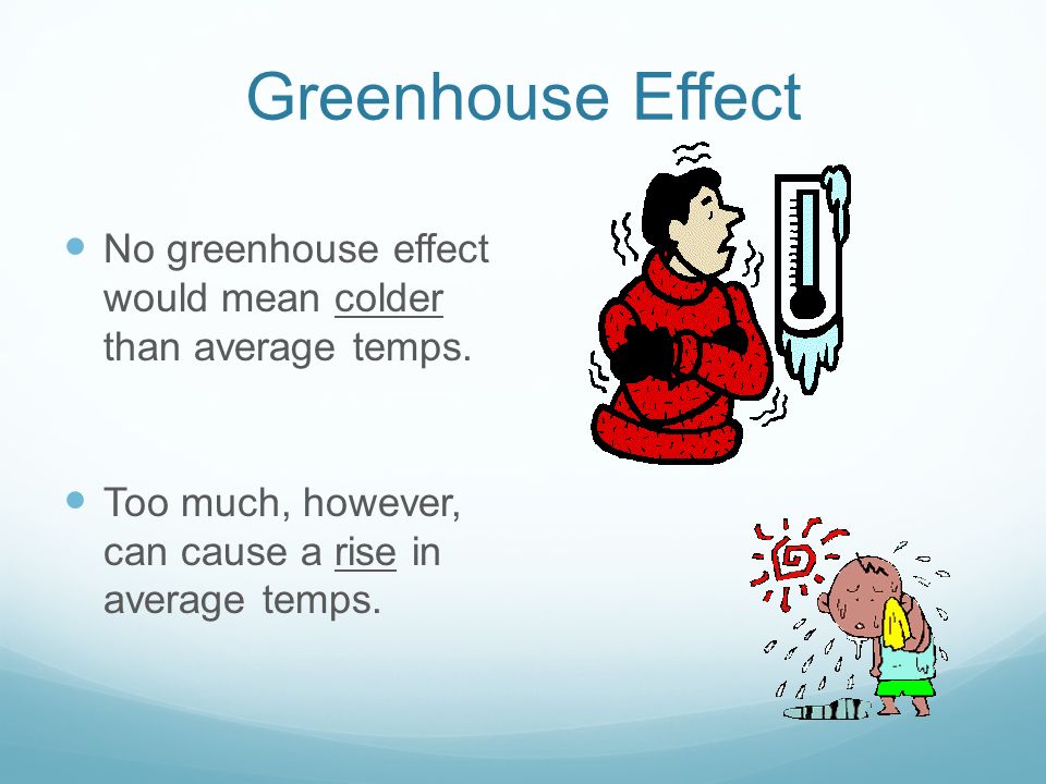 Greenhouse Effect No greenhouse effect would mean colder than average temps.
