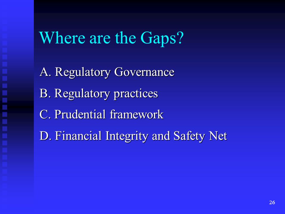 26 Where are the Gaps. A. Regulatory Governance B.