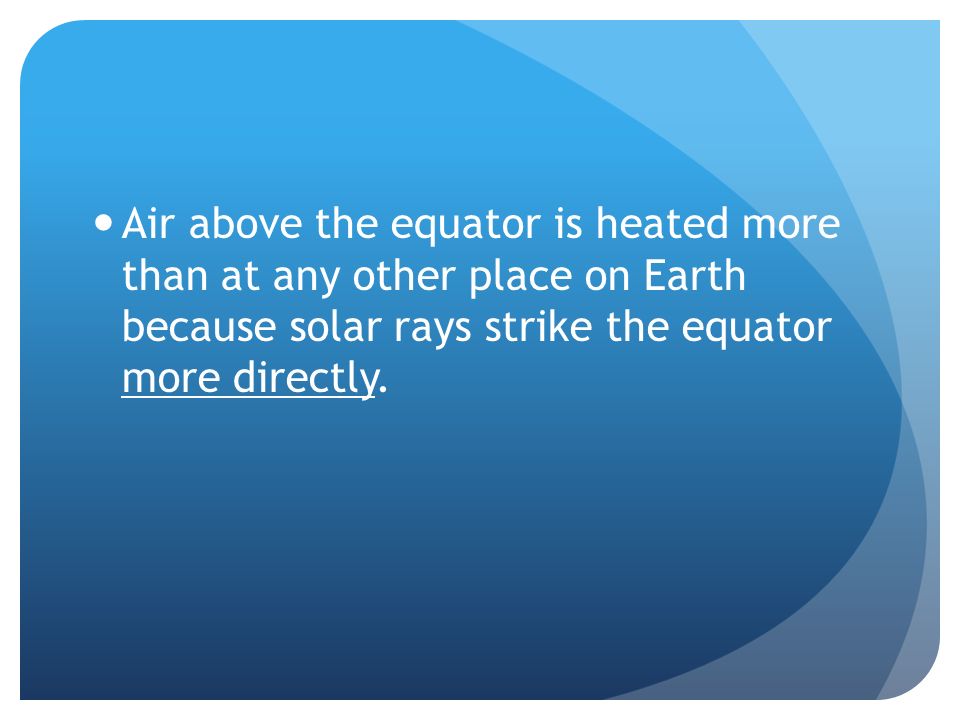 Air above the equator is heated more than at any other place on Earth because solar rays strike the equator more directly.