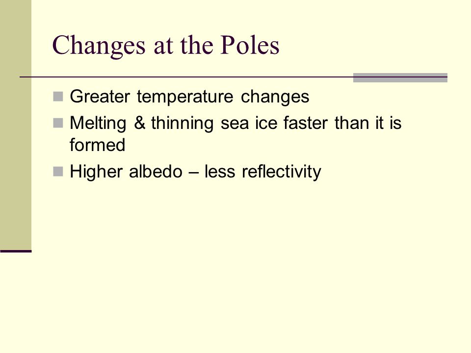 Changes at the Poles Greater temperature changes Melting & thinning sea ice faster than it is formed Higher albedo – less reflectivity