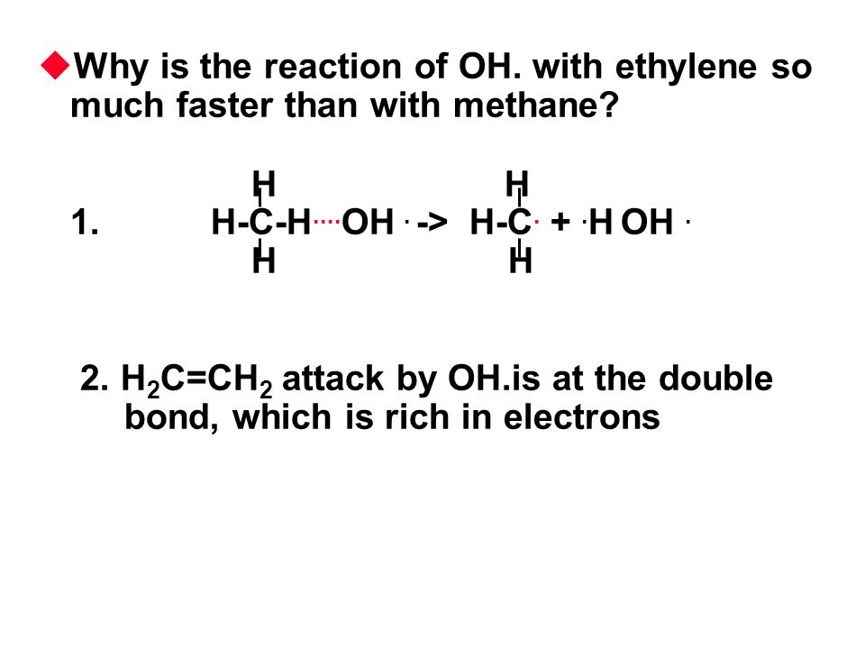  Why is the reaction of OH. with ethylene so much faster than with methane.