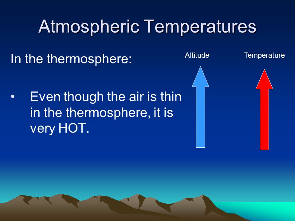 Atmospheric Temperatures In the thermosphere: Even though the air is thin in the thermosphere, it is very HOT.