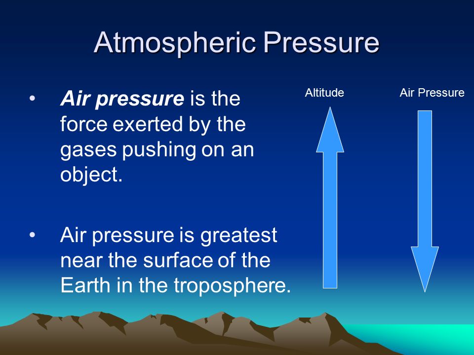 Atmospheric Pressure Air pressure is the force exerted by the gases pushing on an object.