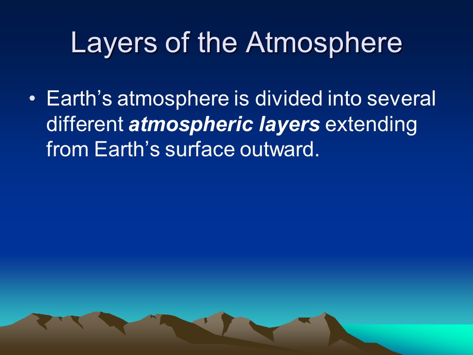 Layers of the Atmosphere Earth’s atmosphere is divided into several different atmospheric layers extending from Earth’s surface outward.