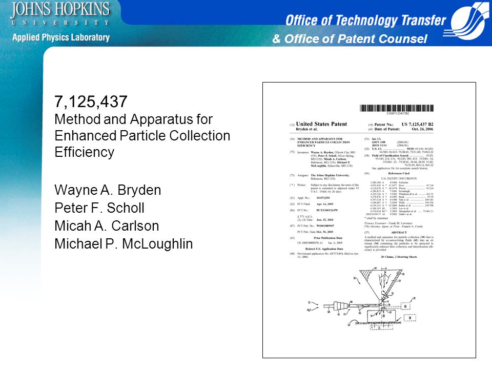 & Office of Patent Counsel 7,125,437 Method and Apparatus for Enhanced Particle Collection Efficiency Wayne A.