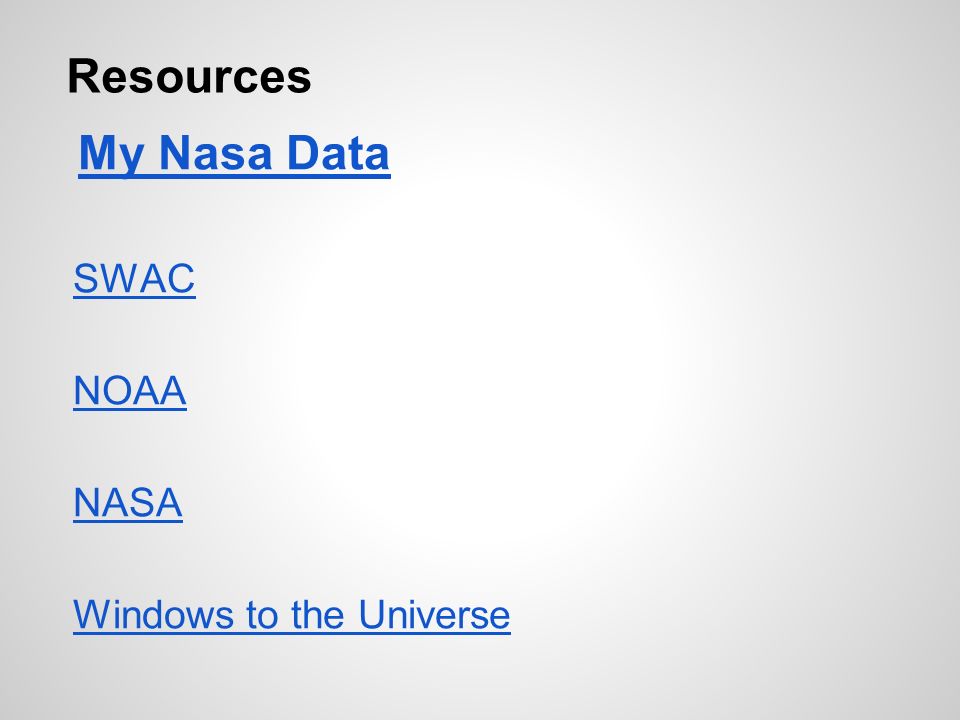 Resources My Nasa Data SWAC NOAA NASA Windows to the Universe