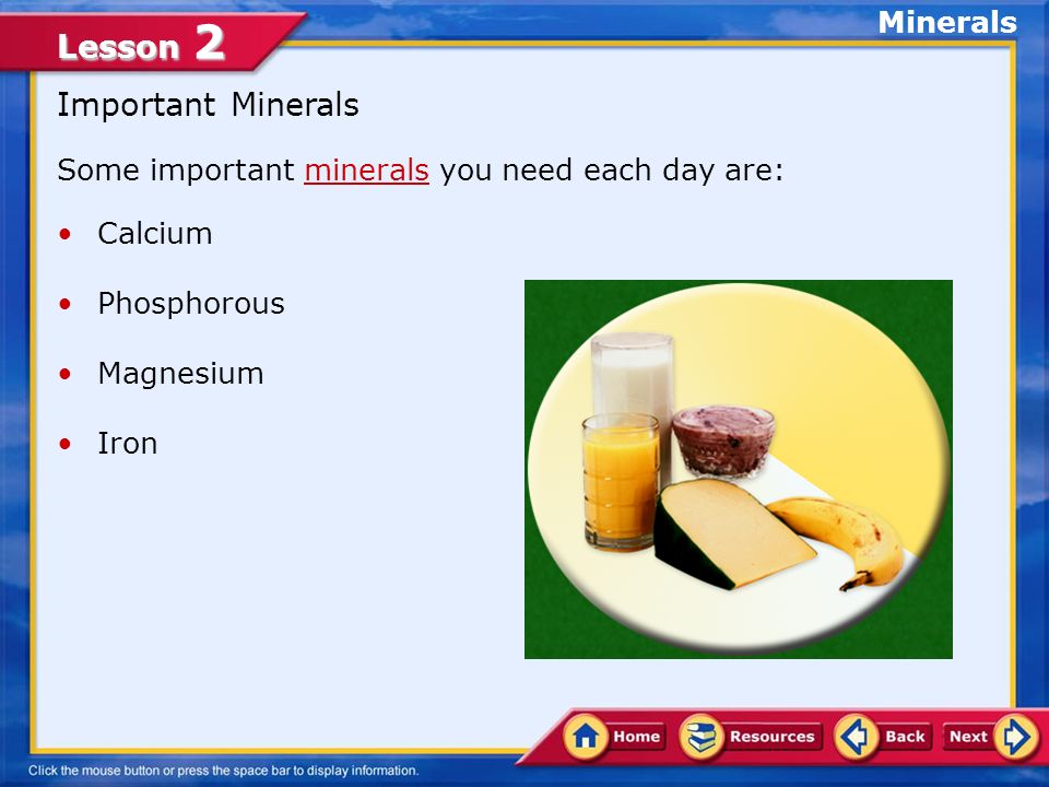 Lesson 2 Important Minerals Some important minerals you need each day are:minerals Calcium Phosphorous Magnesium Iron Minerals