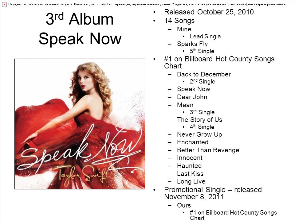 3 rd Album Speak Now Released October 25, Songs –Mine Lead Single –Sparks Fly 5 th Single #1 on Billboard Hot County Songs Chart –Back to December 2 nd Single –Speak Now –Dear John –Mean 3 rd Single –The Story of Us 4 th Single –Never Grow Up –Enchanted –Better Than Revenge –Innocent –Haunted –Last Kiss –Long Live Promotional Single – released November 8, 2011 –Ours #1 on Billboard Hot County Songs Chart
