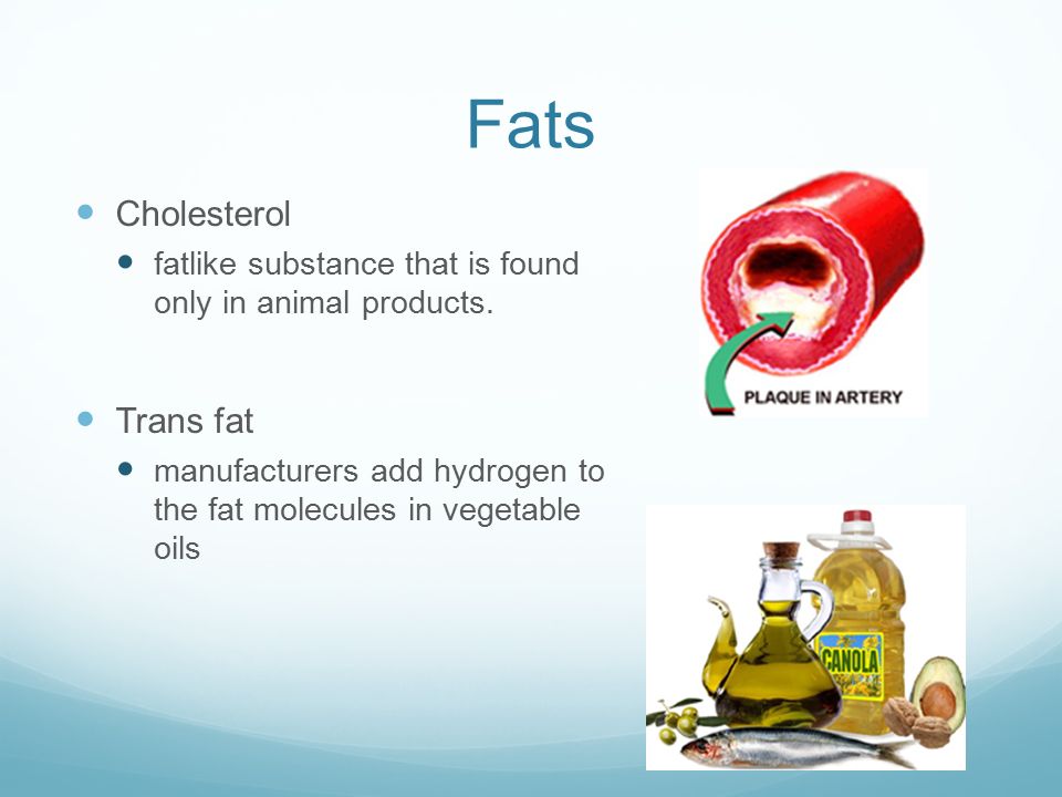 Fats Cholesterol fatlike substance that is found only in animal products.