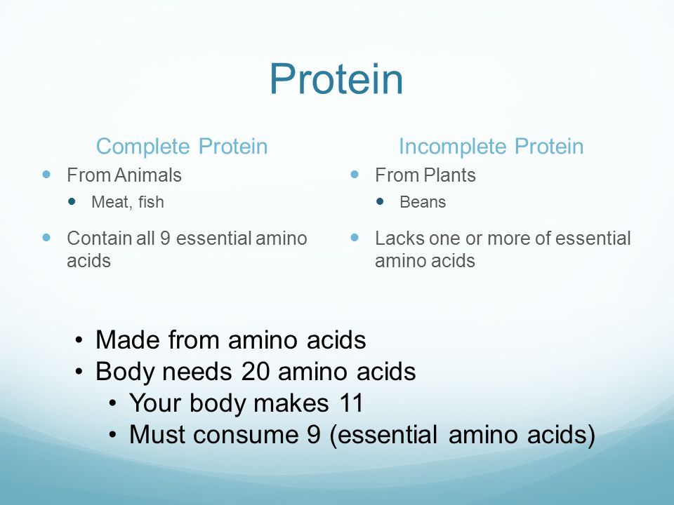 Protein Complete Protein From Animals Meat, fish Contain all 9 essential amino acids Incomplete Protein From Plants Beans Lacks one or more of essential amino acids Made from amino acids Body needs 20 amino acids Your body makes 11 Must consume 9 (essential amino acids)