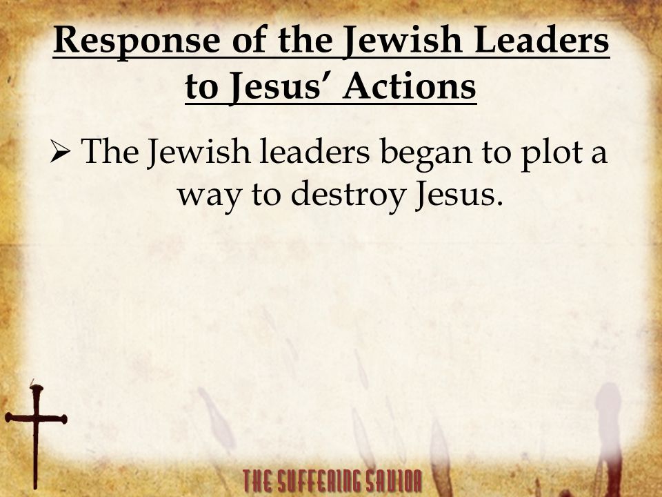 Response of the Jewish Leaders to Jesus’ Actions  The Jewish leaders began to plot a way to destroy Jesus.