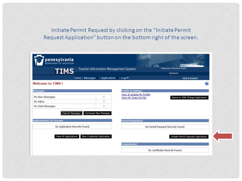 Initiate Permit Request by clicking on the Initiate Permit Request Application button on the bottom right of the screen.