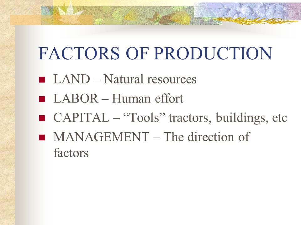FACTORS OF PRODUCTION LAND – Natural resources LABOR – Human effort CAPITAL – Tools tractors, buildings, etc MANAGEMENT – The direction of factors