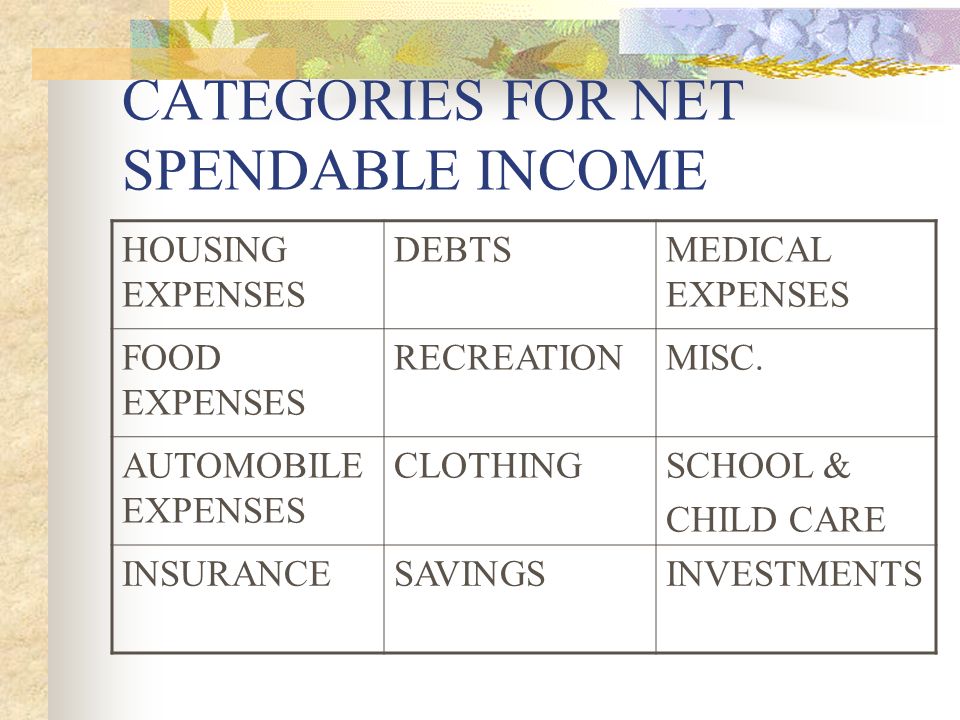 CATEGORIES FOR NET SPENDABLE INCOME HOUSING EXPENSES DEBTSMEDICAL EXPENSES FOOD EXPENSES RECREATIONMISC.