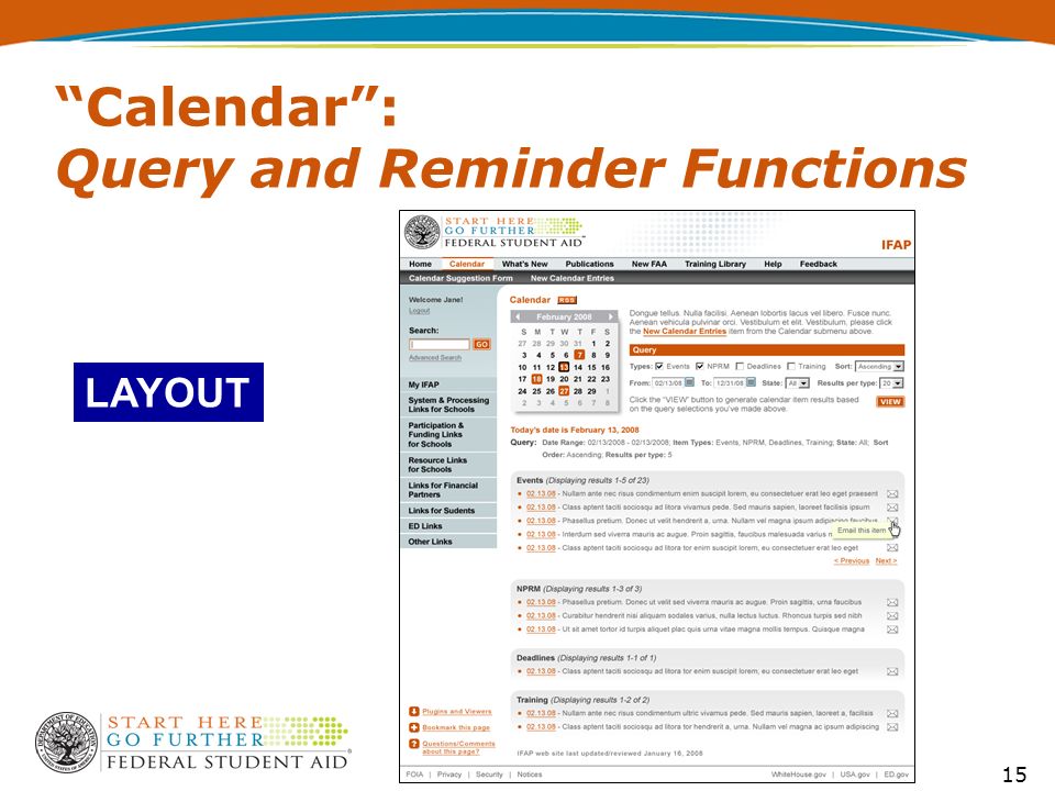 15 Calendar : Query and Reminder Functions LAYOUT