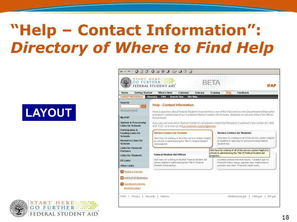 18 Help – Contact Information : Directory of Where to Find Help LAYOUT