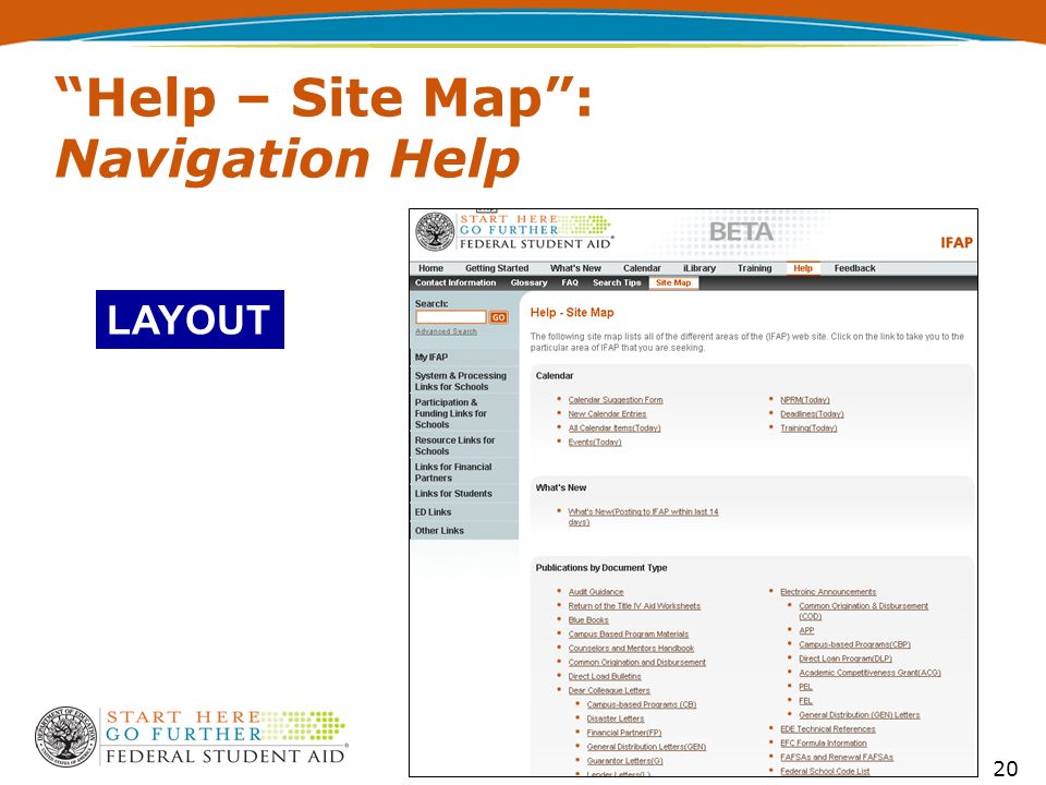 20 Help – Site Map : Navigation Help LAYOUT