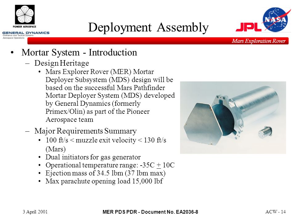 Mer Pds Pdr Document No Ea Mars Exploration Rover 3 April 01acw 1 Welcome Mer Parachute Deceleratorsystem Preliminary Design Review Ppt Download Mer Pds Pdr Document No Ea Mars Exploration Rover 3 April 01acw 1 Welcome Mer Parachute Deceleratorsystem Preliminary Design Review Ppt Download