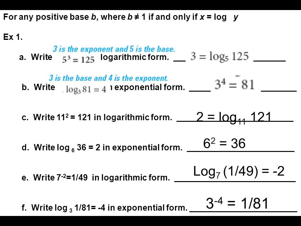 6 3 Logarithmic Functions Objectives Write Equivalent Forms For Exponential And Logarithmic Equations Use The Definitions Of Exponential And Logarithmic Ppt Download 6 3 Logarithmic Functions Objectives Write Equivalent Forms For Exponential And Logarithmic Equations Use The Definitions Of Exponential And Logarithmic Ppt Download