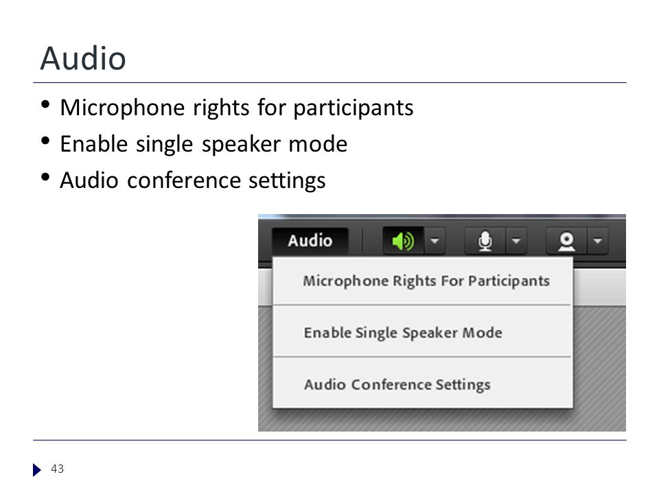 Audio Microphone rights for participants Enable single speaker mode Audio conference settings 43