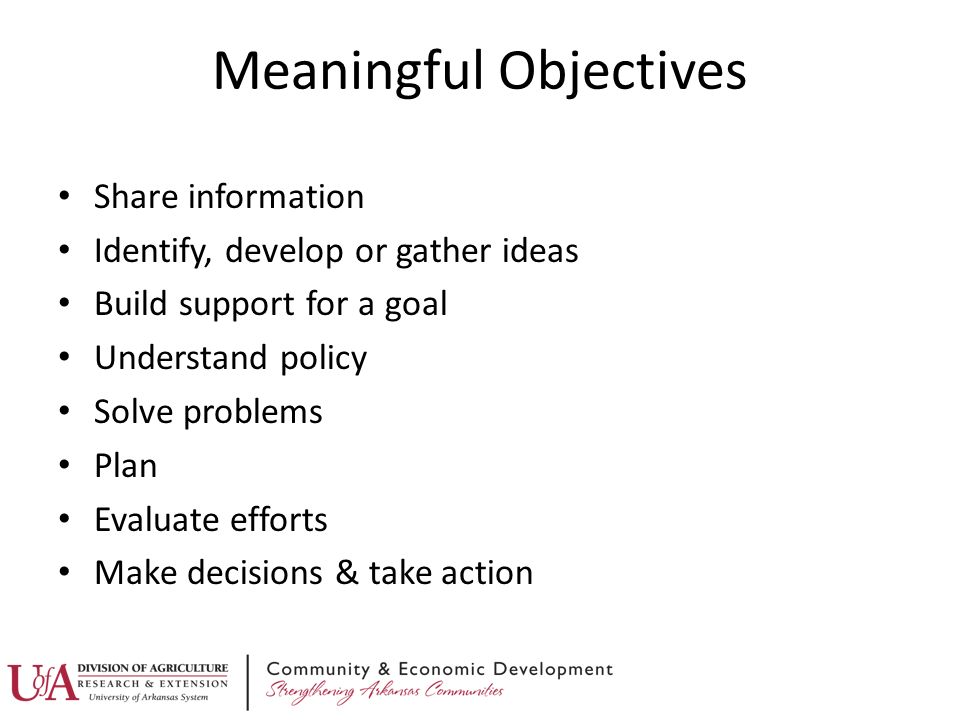 Share information Identify, develop or gather ideas Build support for a goal Understand policy Solve problems Plan Evaluate efforts Make decisions & take action Meaningful Objectives