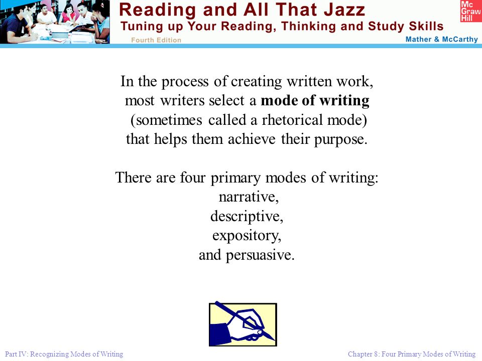 Part IV: Recognizing Modes of Writing Chapter 8: Four Primary Modes of Writing In the process of creating written work, most writers select a mode of writing (sometimes called a rhetorical mode) that helps them achieve their purpose.