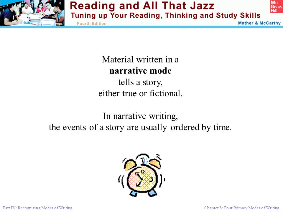 Part IV: Recognizing Modes of Writing Chapter 8: Four Primary Modes of Writing Material written in a narrative mode tells a story, either true or fictional.