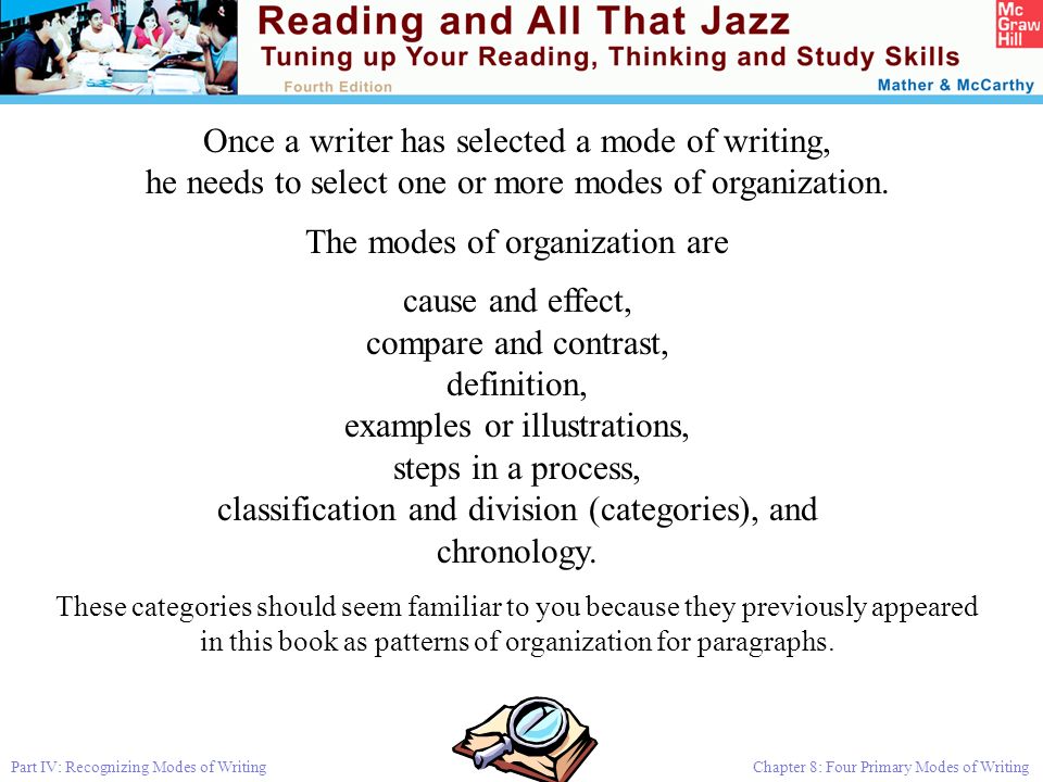 Part IV: Recognizing Modes of Writing Chapter 8: Four Primary Modes of Writing Once a writer has selected a mode of writing, he needs to select one or more modes of organization.