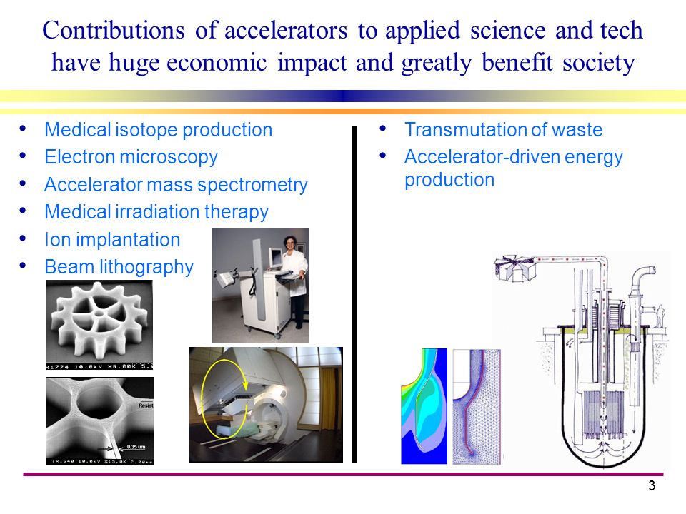 3 Contributions of accelerators to applied science and tech have huge economic impact and greatly benefit society Medical isotope production Electron microscopy Accelerator mass spectrometry Medical irradiation therapy Ion implantation Beam lithography Transmutation of waste Accelerator-driven energy production