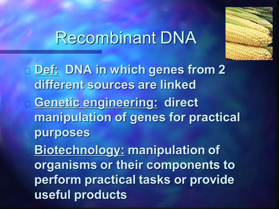 Recombinant DNA n Def: DNA in which genes from 2 different sources are linked n Genetic engineering: direct manipulation of genes for practical purposes n Biotechnology: manipulation of organisms or their components to perform practical tasks or provide useful products