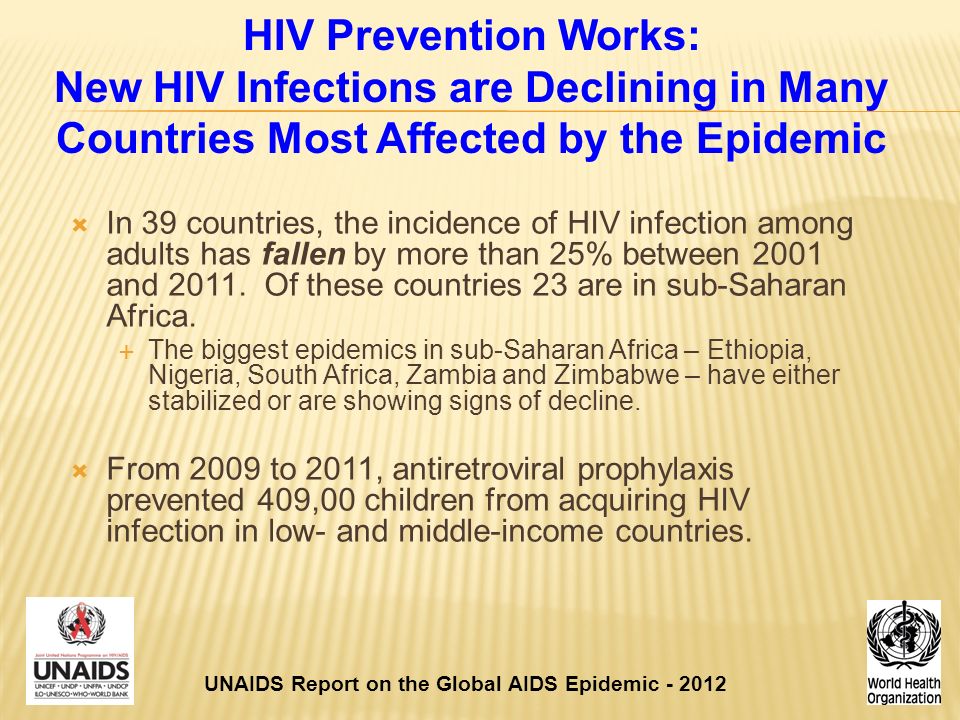 HIV Prevention Works: New HIV Infections are Declining in Many Countries Most Affected by the Epidemic  In 39 countries, the incidence of HIV infection among adults has fallen by more than 25% between 2001 and 2011.