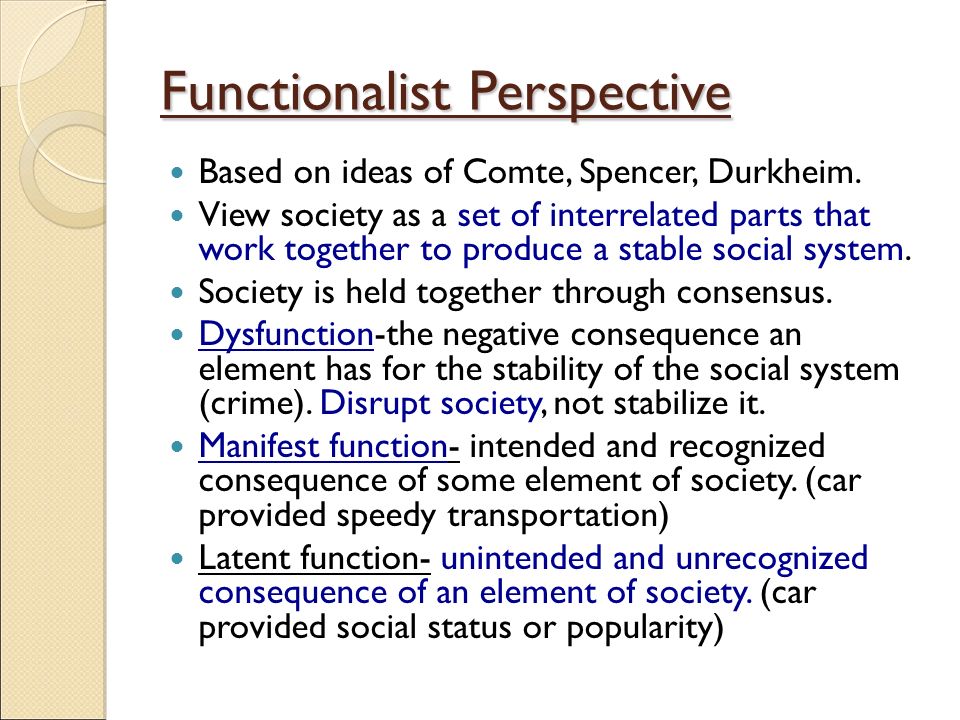 Functionalist Perspective Based on ideas of Comte, Spencer, Durkheim.