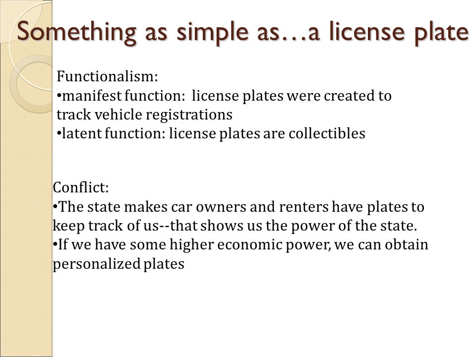 Something as simple as…a license plate Functionalism: manifest function: license plates were created to track vehicle registrations latent function: license plates are collectibles Conflict: The state makes car owners and renters have plates to keep track of us--that shows us the power of the state.