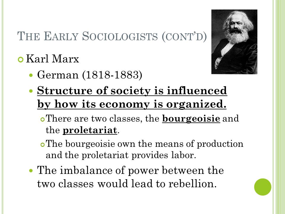 T HE E ARLY S OCIOLOGISTS ( CONT ’ D ) Karl Marx German ( ) Structure of society is influenced by how its economy is organized.