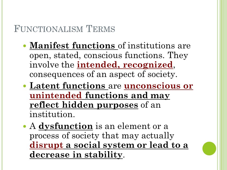 F UNCTIONALISM T ERMS Manifest functions of institutions are open, stated, conscious functions.
