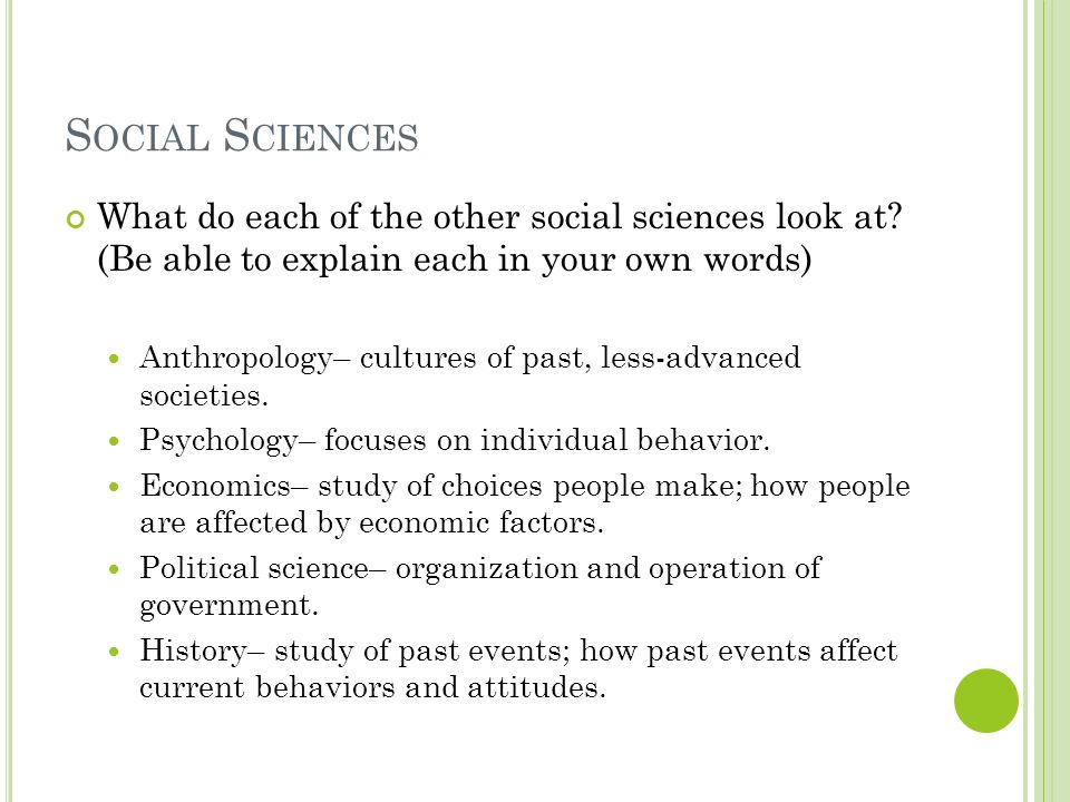 S OCIAL S CIENCES What do each of the other social sciences look at.