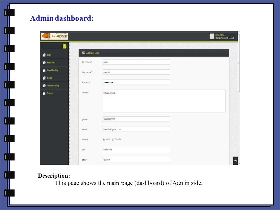 Description: This page shows the main page (dashboard) of Admin side.