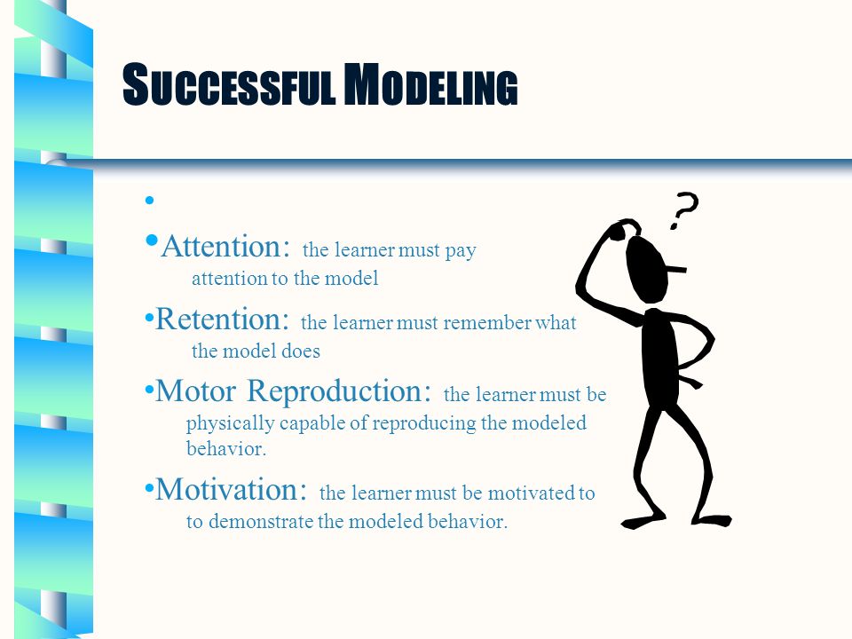 S UCCESSFUL M ODELING Attention: the learner must pay attention to the model Retention: the learner must remember what the model does Motor Reproduction: the learner must be physically capable of reproducing the modeled behavior.