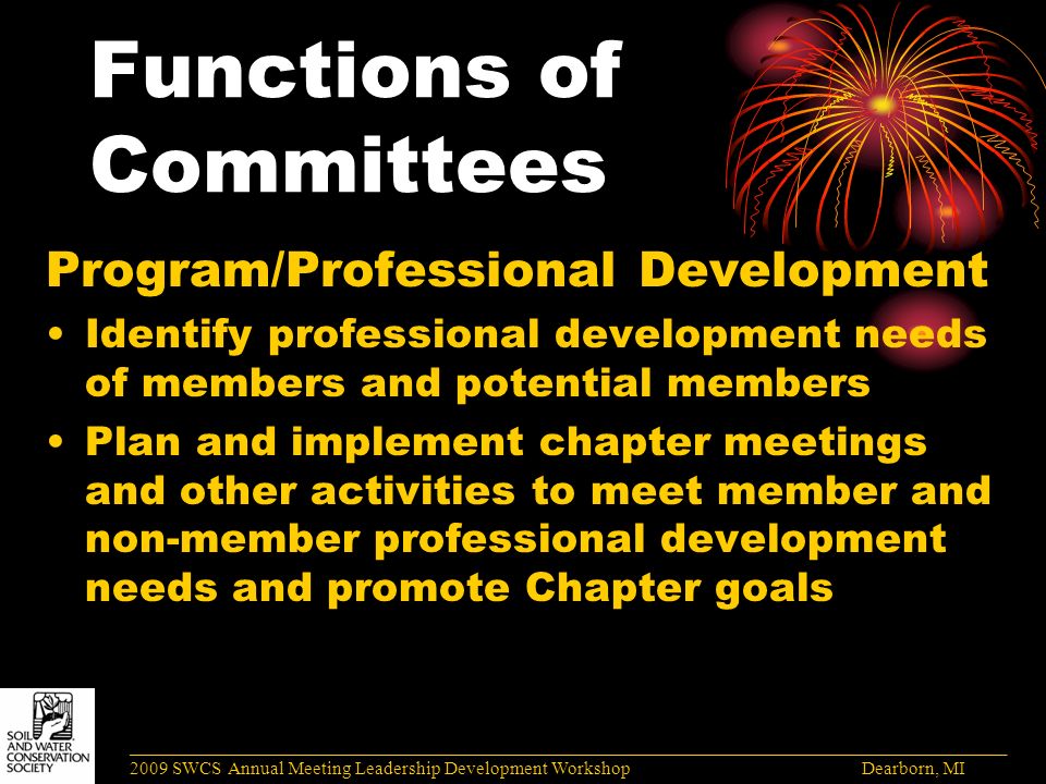 Functions of Committees Program/Professional Development Identify professional development needs of members and potential members Plan and implement chapter meetings and other activities to meet member and non-member professional development needs and promote Chapter goals ______________________________________________________________________________________ 2009 SWCS Annual Meeting Leadership Development Workshop Dearborn, MI