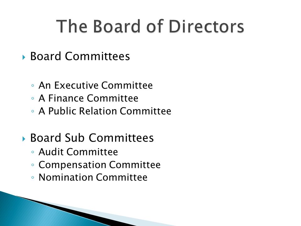  Board Committees ◦ An Executive Committee ◦ A Finance Committee ◦ A Public Relation Committee  Board Sub Committees ◦ Audit Committee ◦ Compensation Committee ◦ Nomination Committee