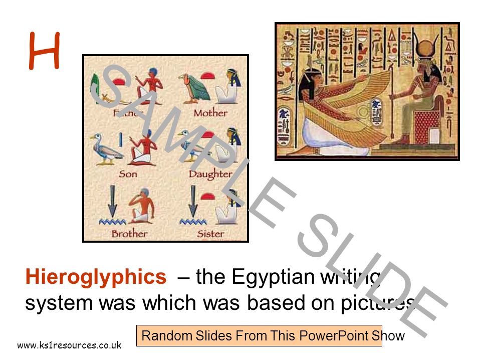 H Hieroglyphics – the Egyptian writing system was which was based on pictures.
