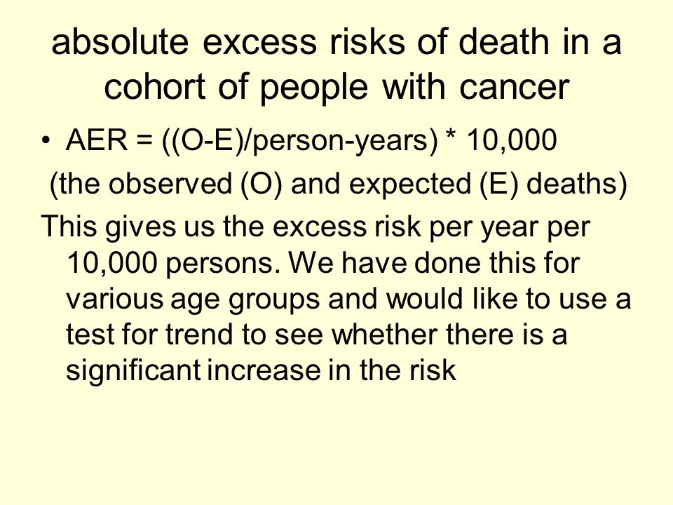absolute excess risks of death in a cohort of people with cancer AER = ((O-E)/person-years) * 10,000 (the observed (O) and expected (E) deaths) This gives us the excess risk per year per 10,000 persons.