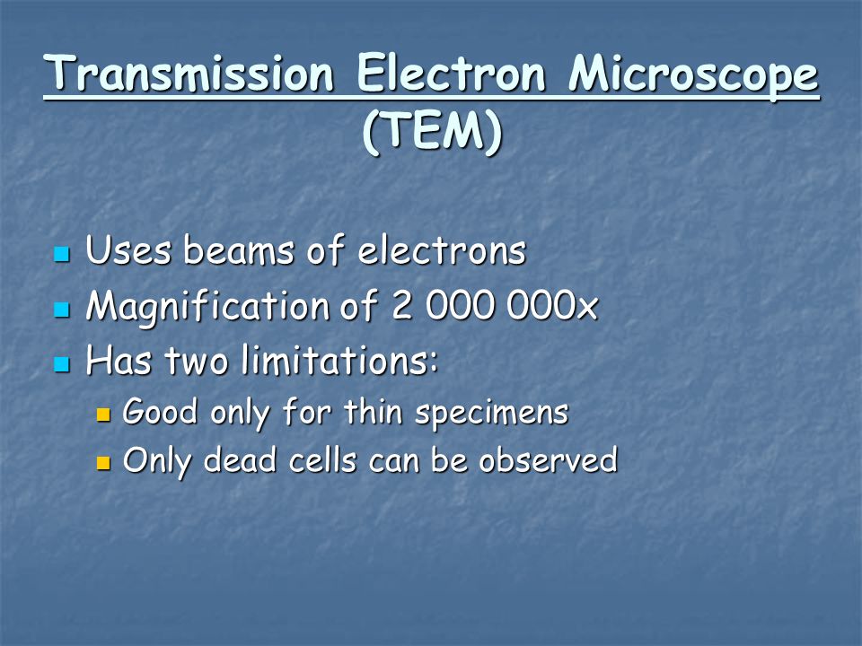 Transmission Electron Microscope (TEM) Uses beams of electrons Uses beams of electrons Magnification of x Magnification of x Has two limitations: Has two limitations: Good only for thin specimens Good only for thin specimens Only dead cells can be observed Only dead cells can be observed